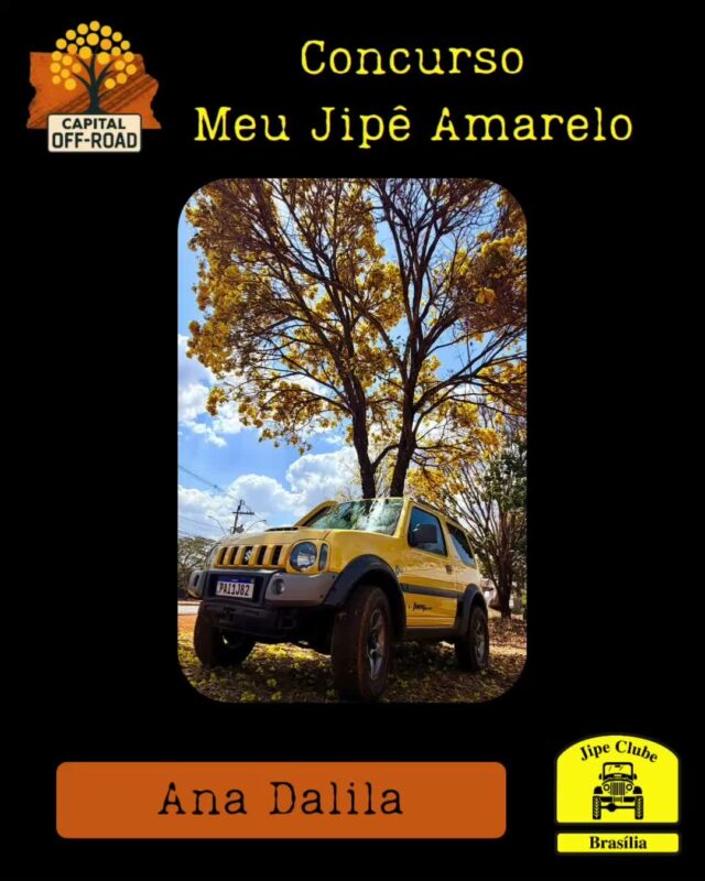 *📸 CONCURSO "MEU JIPÊ AMARELO" - CAPITAL OFF-ROAD 2026*

Atenção, jipeiros! Tá chegando a hora de mostrar o seu 4x4 junto com o símbolo do nosso cerrado!

*Como participar:*
1. Tire uma foto do seu jipe ao lado de um *Ipê Amarelo* florido.
2. Envie a foto pra organização entre *01/08 e 05/09* pelo WhatsApp 61 99335-6610
3. Só vale foto real. *Proibido uso de IA!*

*Premiação:*

Vamos postar todas as fotos no Instagram oficial do Jipe Clube de Brasília. As *5 fotos com mais curtidas* levam prêmios especiais!

*Apuração:* 12/09 às 21h, durante o Capital Off-Road
*Premiação:* No evento, dias 13 de setembro as 14h

Bora registrar essa dupla imbatível: jipe + ipê!
Aquele amarelo que representa nossa paixão pelo off-road e pela natureza.

*Importante:* Só participam fotos enviadas dentro do prazo. Corre que o ipê não espera!

O Concurso é aberto, todos podem participar!

#CapitalOffRoad #MeuJipeAmarelo #JipeClubeBSB #OffRoad #IpêAmarelo #jcb