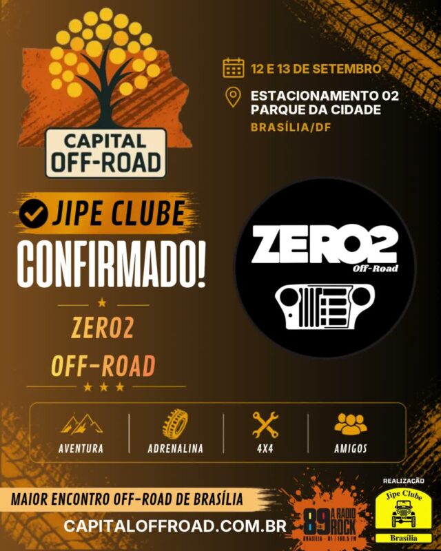 🚀 CAPITAL OFF-ROAD: O MAIOR ENCONTRO 4X4 DA CAPITAL ESTÁ CHEGANDO!

Solta o som e confira o recado oficial! Nos dias 12 e 13 de setembro, o Estacionamento 02 do Parque da Cidade vai virar a casa de todos os apaixonados por off-road, rock e boa resenha.

Confira tudo o que te espera nesse final de semana histórico:

📅 QUANDO:

Sábado (12/09): 09h às 21h

Domingo (13/09): 09h às 17h
📍 ONDE: Estacionamento 02 — Parque da Cidade / BSB

🔥 ATRAÇÕES & PROGRAMAÇÃO:
🚜 Exposição de Jipes: Cadastre sua viatura pelo WhatsApp (61) 99335-6610.
⛺ Espaço Jipe Clubes: Traga sua tenda, churrasqueira e a turma! Espaço 100% gratuito, mas exige reserva antecipada pelo WhatsApp (61) 99335-6610.
⛰️ Trilhas & Rally: 2 opções de trilha (Leve/Moderada e Moderada/Pesada) + passeio planilhado exclusivo com a Turma do Buriti Rally.
📸 Concurso #MeuJipeAmarelo: Já está rolando no nosso perfil, participe!
🎸 Rock 'n' Roll & Chopp Gelado: Muita música boa e a parceria oficial da Máfia Beer.
🤝 Ação Solidária ABRACE: Cada 1kg de alimento não perecível doado vale 1 cupom para concorrer a brindes irados!

🤝 PARCEIROS OFICIAIS:
Rádio Rock 89 Brasília • Comando Auto Peças • Moobi Overlander • RUDE boy 4x4 • Maravilhas Art • Spelltic Hidromeis • Máfia Beer • Pegada de Urso Cutelaria

Chame a família, prepare a viatura e venha fazer história com a gente! 🚜💨

#CapitalOffRoad #JipeClubeDeBrasilia #JCB #OffRoadDF #4x4Brasilia #ParqueDaCidade #BuritiRally #MafiaBeer #RadioRock89 #UniversoOffRoad #FamiliaJCB