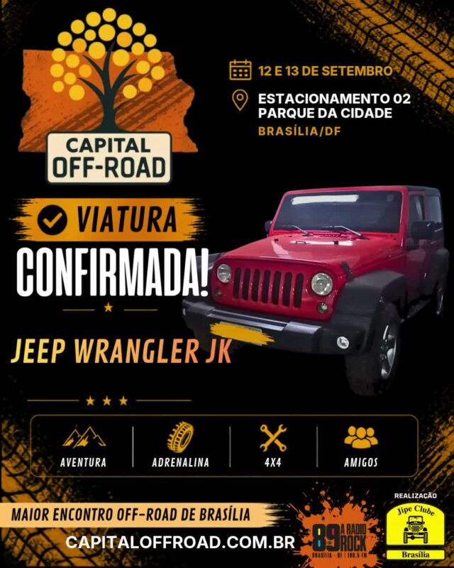🚀 CAPITAL OFF-ROAD: O MAIOR ENCONTRO 4X4 DA CAPITAL ESTÁ CHEGANDO!

Solta o som e confira o recado oficial! Nos dias 12 e 13 de setembro, o Estacionamento 02 do Parque da Cidade vai virar a casa de todos os apaixonados por off-road, rock e boa resenha.

Confira tudo o que te espera nesse final de semana histórico:

📅 QUANDO:

Sábado (12/09): 09h às 21h

Domingo (13/09): 09h às 17h
📍 ONDE: Estacionamento 02 — Parque da Cidade / BSB

🔥 ATRAÇÕES & PROGRAMAÇÃO:
🚜 Exposição de Jipes: Cadastre sua viatura pelo WhatsApp (61) 99335-6610.
⛺ Espaço Jipe Clubes: Traga sua tenda, churrasqueira e a turma! Espaço 100% gratuito, mas exige reserva antecipada pelo WhatsApp (61) 99335-6610.
⛰️ Trilhas & Rally: 2 opções de trilha (Leve/Moderada e Moderada/Pesada) + passeio planilhado exclusivo com a Turma do Buriti Rally.
📸 Concurso #MeuJipeAmarelo: Já está rolando no nosso perfil, participe!
🎸 Rock 'n' Roll & Chopp Gelado: Muita música boa e a parceria oficial da Máfia Beer.
🤝 Ação Solidária ABRACE: Cada 1kg de alimento não perecível doado vale 1 cupom para concorrer a brindes irados!

🤝 PARCEIROS OFICIAIS:
Rádio Rock 89 Brasília • Comando Auto Peças • Moobi Overlander • RUDE boy 4x4 • Maravilhas Art • Spelltic Hidromeis • Máfia Beer • Pegada de Urso Cutelaria

Chame a família, prepare a viatura e venha fazer história com a gente! 🚜💨

#CapitalOffRoad #JipeClubeDeBrasilia #JCB #OffRoadDF #4x4Brasilia #ParqueDaCidade #BuritiRally #MafiaBeer #RadioRock89 #UniversoOffRoad #FamiliaJCB
