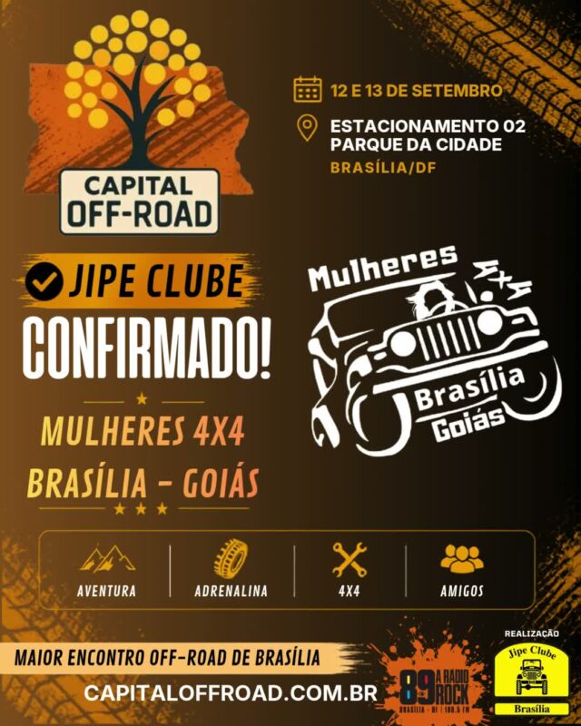 🚀 CAPITAL OFF-ROAD: O MAIOR ENCONTRO 4X4 DA CAPITAL ESTÁ CHEGANDO!

Solta o som e confira o recado oficial! Nos dias 12 e 13 de setembro, o Estacionamento 02 do Parque da Cidade vai virar a casa de todos os apaixonados por off-road, rock e boa resenha.

Confira tudo o que te espera nesse final de semana histórico:

📅 QUANDO:

Sábado (12/09): 09h às 21h

Domingo (13/09): 09h às 17h
📍 ONDE: Estacionamento 02 — Parque da Cidade / BSB

🔥 ATRAÇÕES & PROGRAMAÇÃO:
🚜 Exposição de Jipes: Cadastre sua viatura pelo WhatsApp (61) 99335-6610.
⛺ Espaço Jipe Clubes: Traga sua tenda, churrasqueira e a turma! Espaço 100% gratuito, mas exige reserva antecipada pelo WhatsApp (61) 99335-6610.
⛰️ Trilhas & Rally: 2 opções de trilha (Leve/Moderada e Moderada/Pesada) + passeio planilhado exclusivo com a Turma do Buriti Rally.
📸 Concurso #MeuJipeAmarelo: Já está rolando no nosso perfil, participe!
🎸 Rock 'n' Roll & Chopp Gelado: Muita música boa e a parceria oficial da Máfia Beer.
🤝 Ação Solidária ABRACE: Cada 1kg de alimento não perecível doado vale 1 cupom para concorrer a brindes irados!

🤝 PARCEIROS OFICIAIS:
Rádio Rock 89 Brasília • Comando Auto Peças • Moobi Overlander • RUDE boy 4x4 • Maravilhas Art • Spelltic Hidromeis • Máfia Beer • Pegada de Urso Cutelaria

Chame a família, prepare a viatura e venha fazer história com a gente! 🚜💨

#CapitalOffRoad #JipeClubeDeBrasilia #JCB #OffRoadDF #4x4Brasilia #ParqueDaCidade #BuritiRally #MafiaBeer #RadioRock89 #UniversoOffRoad #FamiliaJCB