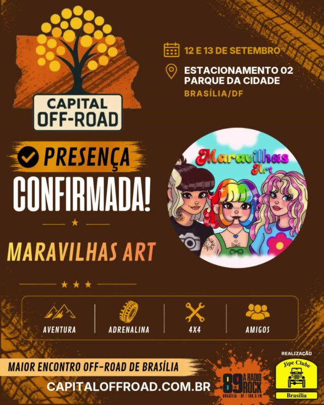 🚀 CAPITAL OFF-ROAD: O MAIOR ENCONTRO 4X4 DA CAPITAL ESTÁ CHEGANDO!

Solta o som e confira o recado oficial! Nos dias 12 e 13 de setembro, o Estacionamento 02 do Parque da Cidade vai virar a casa de todos os apaixonados por off-road, rock e boa resenha.

Confira tudo o que te espera nesse final de semana histórico:

📅 QUANDO:

Sábado (12/09): 09h às 21h

Domingo (13/09): 09h às 17h
📍 ONDE: Estacionamento 02 — Parque da Cidade / BSB

🔥 ATRAÇÕES & PROGRAMAÇÃO:
🚜 Exposição de Jipes: Cadastre sua viatura pelo WhatsApp (61) 99335-6610.
⛺ Espaço Jipe Clubes: Traga sua tenda, churrasqueira e a turma! Espaço 100% gratuito, mas exige reserva antecipada pelo WhatsApp (61) 99335-6610.
⛰️ Trilhas & Rally: 2 opções de trilha (Leve/Moderada e Moderada/Pesada) + passeio planilhado exclusivo com a Turma do Buriti Rally.
📸 Concurso #MeuJipeAmarelo: Já está rolando no nosso perfil, participe!
🎸 Rock 'n' Roll & Chopp Gelado: Muita música boa e a parceria oficial da Máfia Beer.
🤝 Ação Solidária ABRACE: Cada 1kg de alimento não perecível doado vale 1 cupom para concorrer a brindes irados!

🤝 PARCEIROS OFICIAIS:
Rádio Rock 89 Brasília • Comando Auto Peças • Moobi Overlander • RUDE boy 4x4 • Maravilhas Art • Spelltic Hidromeis • Máfia Beer • Pegada de Urso Cutelaria

Chame a família, prepare a viatura e venha fazer história com a gente! 🚜💨

#CapitalOffRoad #JipeClubeDeBrasilia #JCB #OffRoadDF #4x4Brasilia #ParqueDaCidade #BuritiRally #MafiaBeer #RadioRock89 #UniversoOffRoad #FamiliaJCB