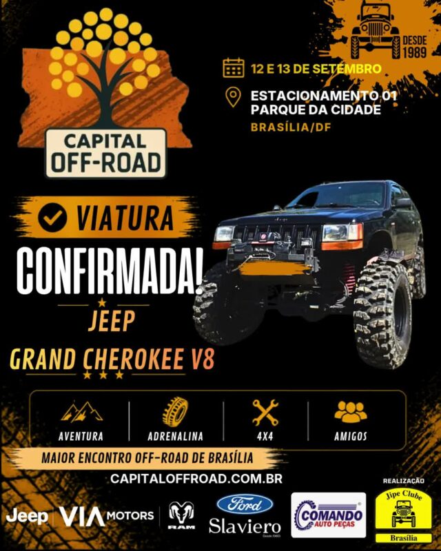 🚀 CAPITAL OFF-ROAD: O MAIOR ENCONTRO 4X4 DA CAPITAL ESTÁ CHEGANDO!

Solta o som e confira o recado oficial! Nos dias 12 e 13 de setembro, o Estacionamento 01 do Parque da Cidade vai virar a casa de todos os apaixonados por off-road, rock e boa resenha.

Confira tudo o que te espera nesse final de semana histórico:

📅 QUANDO:
Sábado (12/09): 09h às 21h
Domingo (13/09): 09h às 17h

📍 ONDE: Estacionamento 01 — Parque da Cidade / BSB

🔥 ATRAÇÕES & PROGRAMAÇÃO:
🚜 Exposição de Jipes: Cadastre sua viatura pelo WhatsApp (61) 99335-6610.
⛺ Espaço Jipe Clubes: Traga sua tenda, churrasqueira e a turma! Espaço 100% gratuito, mas exige reserva antecipada pelo WhatsApp (61) 99335-6610.
⛰️ Trilhas & Rally: 2 opções de trilha (Leve/Moderada e Moderada/Pesada) + passeio planilhado exclusivo com a Turma do Buriti Rally.
📸 Concurso #MeuJipeAmarelo: Já está rolando no nosso perfil, participe!
🎸 Rock 'n' Roll & Chopp Gelado: Muita música boa e a parceria oficial da Máfia Beer.
🤝 Ação Solidária ABRACE: Cada 1kg de alimento não perecível doado vale 1 cupom para concorrer a brindes irados! Obs: *** O ITEM, "SAL" NÃO SERÁ CONSIDERADO PARA O SORTEIO.

💎 PATROCINADORES MASTER
VIA MOTORS (Jeep - RAM) • FORD SLAVIERO • COMANDO AUTO PEÇAS

🤝 PARCEIROS OFICIAIS:
Moobi Overlander • RUDE boy 4x4 • Maravilhas Art • Spelltic Hidromeis • Máfia Beer • Pegada de Urso Cutelaria • Abrace • Pneus - Multi Rodas • Max Ferramentas Automotivas • Locmaq do Brasil • Burity Rally • On Track Rastreadores • Rota do Morcego Enduro Park • F. Ramos Cutelaria Artesanal • Cutelaria Hoffmann • On The Road Serviços Mecânicos • Sakai Cutelaria •

Chame a família, prepare a viatura e venha fazer história com a gente! 🚜💨

#CapitalOffRoad #JipeClubeDeBrasilia #JCB #OffRoadDF #4x4Brasilia #ParqueDaCidade #BuritiRally #MafiaBeer #UniversoOffRoad #FamiliaJCB