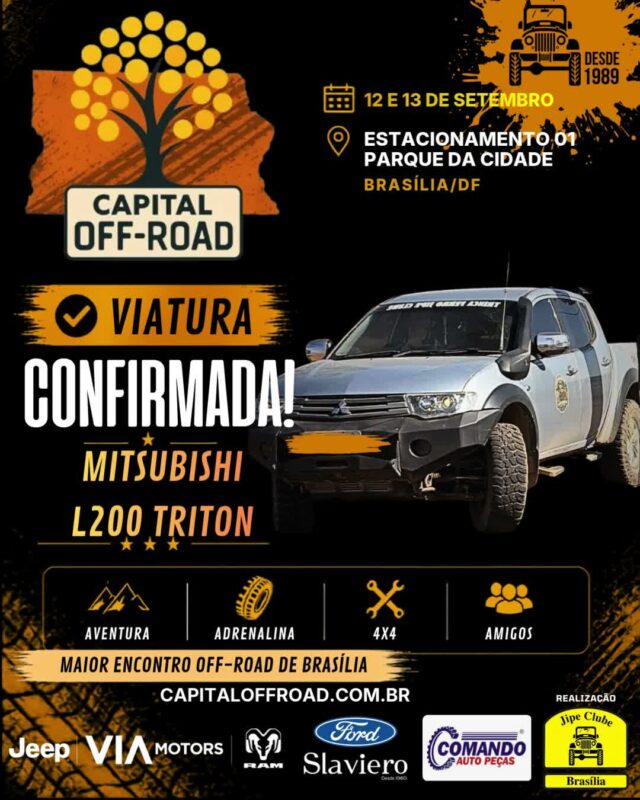 🚀 CAPITAL OFF-ROAD: O MAIOR ENCONTRO 4X4 DA CAPITAL ESTÁ CHEGANDO!

Solta o som e confira o recado oficial! Nos dias 12 e 13 de setembro, o Estacionamento 01 do Parque da Cidade vai virar a casa de todos os apaixonados por off-road, rock e boa resenha.

Confira tudo o que te espera nesse final de semana histórico:

📅 QUANDO:
Sábado (12/09): 09h às 21h
Domingo (13/09): 09h às 17h

📍 ONDE: Estacionamento 01 — Parque da Cidade / BSB

🔥 ATRAÇÕES & PROGRAMAÇÃO:
🚜 Exposição de Jipes: Cadastre sua viatura pelo WhatsApp (61) 99335-6610.
⛺ Espaço Jipe Clubes: Traga sua tenda, churrasqueira e a turma! Espaço 100% gratuito, mas exige reserva antecipada pelo WhatsApp (61) 99335-6610.
⛰️ Trilhas & Rally: 2 opções de trilha (Leve/Moderada e Moderada/Pesada) + passeio planilhado exclusivo com a Turma do Buriti Rally.
📸 Concurso #MeuJipeAmarelo: Já está rolando no nosso perfil, participe!
🎸 Rock 'n' Roll & Chopp Gelado: Muita música boa e a parceria oficial da Máfia Beer.
🤝 Ação Solidária ABRACE: Cada 1kg de alimento não perecível doado vale 1 cupom para concorrer a brindes irados! Obs: *** O ITEM, "SAL" NÃO SERÁ CONSIDERADO PARA O SORTEIO.

💎 PATROCINADORES MASTER
VIA MOTORS (Jeep - RAM) • FORD SLAVIERO • COMANDO AUTO PEÇAS

🤝 PARCEIROS OFICIAIS:
Moobi Overlander • RUDE boy 4x4 • Maravilhas Art • Spelltic Hidromeis • Máfia Beer • Pegada de Urso Cutelaria • Abrace • Pneus - Multi Rodas • Max Ferramentas Automotivas • Locmaq do Brasil • Burity Rally • On Track Rastreadores • Rota do Morcego Enduro Park • F. Ramos Cutelaria Artesanal • Cutelaria Hoffmann • On The Road Serviços Mecânicos • Sakai Cutelaria •

Chame a família, prepare a viatura e venha fazer história com a gente! 🚜💨

#CapitalOffRoad #JipeClubeDeBrasilia #JCB #OffRoadDF #4x4Brasilia #ParqueDaCidade #BuritiRally #MafiaBeer #UniversoOffRoad #FamiliaJCB