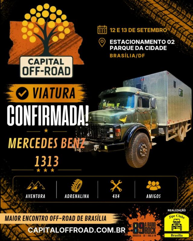 🚀 CAPITAL OFF-ROAD: O MAIOR ENCONTRO 4X4 DA CAPITAL ESTÁ CHEGANDO!

Solta o som e confira o recado oficial! Nos dias 12 e 13 de setembro, o Estacionamento 02 do Parque da Cidade vai virar a casa de todos os apaixonados por off-road, rock e boa resenha.

Confira tudo o que te espera nesse final de semana histórico:

📅 QUANDO:

Sábado (12/09): 09h às 21h

Domingo (13/09): 09h às 17h
📍 ONDE: Estacionamento 02 — Parque da Cidade / BSB

🔥 ATRAÇÕES & PROGRAMAÇÃO:
🚜 Exposição de Jipes: Cadastre sua viatura pelo WhatsApp (61) 99335-6610.
⛺ Espaço Jipe Clubes: Traga sua tenda, churrasqueira e a turma! Espaço 100% gratuito, mas exige reserva antecipada pelo WhatsApp (61) 99335-6610.
⛰️ Trilhas & Rally: 2 opções de trilha (Leve/Moderada e Moderada/Pesada) + passeio planilhado exclusivo com a Turma do Buriti Rally.
📸 Concurso #MeuJipeAmarelo: Já está rolando no nosso perfil, participe!
🎸 Rock 'n' Roll & Chopp Gelado: Muita música boa e a parceria oficial da Máfia Beer.
🤝 Ação Solidária ABRACE: Cada 1kg de alimento não perecível doado vale 1 cupom para concorrer a brindes irados!

🤝 PARCEIROS OFICIAIS:
Rádio Rock 89 Brasília • Comando Auto Peças • Moobi Overlander • RUDE boy 4x4 • Maravilhas Art • Spelltic Hidromeis • Máfia Beer • Pegada de Urso Cutelaria

Chame a família, prepare a viatura e venha fazer história com a gente! 🚜💨

#CapitalOffRoad #JipeClubeDeBrasilia #JCB #OffRoadDF #4x4Brasilia #ParqueDaCidade #BuritiRally #MafiaBeer #RadioRock89 #UniversoOffRoad #FamiliaJCB