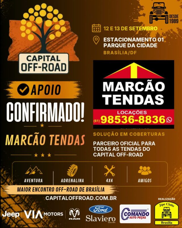 🚀 CAPITAL OFF-ROAD: O MAIOR ENCONTRO 4X4 DA CAPITAL ESTÁ CHEGANDO!

Solta o som e confira o recado oficial! Nos dias 12 e 13 de setembro, o Estacionamento 01 do Parque da Cidade vai virar a casa de todos os apaixonados por off-road, rock e boa resenha.

Confira tudo o que te espera nesse final de semana histórico:

📅 QUANDO:
Sábado (12/09): 09h às 21h
Domingo (13/09): 09h às 17h

📍 ONDE: Estacionamento 01 — Parque da Cidade / BSB

🔥 ATRAÇÕES & PROGRAMAÇÃO:
🚜 Exposição de Jipes: Cadastre sua viatura pelo WhatsApp (61) 99335-6610.
⛺ Espaço Jipe Clubes: Traga sua tenda, churrasqueira e a turma! Espaço 100% gratuito, mas exige reserva antecipada pelo WhatsApp (61) 99335-6610.
⛰️ Trilhas & Rally: 2 opções de trilha (Leve/Moderada e Moderada/Pesada) + passeio planilhado exclusivo com a Turma do Buriti Rally.
📸 Concurso #MeuJipeAmarelo: Já está rolando no nosso perfil, participe!
🎸 Rock 'n' Roll & Chopp Gelado: Muita música boa e a parceria oficial da Máfia Beer.
🤝 Ação Solidária ABRACE: Cada 1kg de alimento não perecível doado vale 1 cupom para concorrer a brindes irados! Obs: *** O ITEM, "SAL" NÃO SERÁ CONSIDERADO PARA O SORTEIO.

💎 PATROCINADORES MASTER
VIA MOTORS (Jeep - RAM) • FORD SLAVIERO • COMANDO AUTO PEÇAS

🤝 PARCEIROS OFICIAIS:
Moobi Overlander • RUDE boy 4x4 • Maravilhas Art • Spelltic Hidromeis • Máfia Beer • Pegada de Urso Cutelaria • Abrace • Pneus - Multi Rodas • Max Ferramentas Automotivas • Locmaq do Brasil • Burity Rally • On Track Rastreadores • Rota do Morcego Enduro Park • F. Ramos Cutelaria Artesanal • Cutelaria Hoffmann • On The Road Serviços Mecânicos • Sakai Cutelaria •

Chame a família, prepare a viatura e venha fazer história com a gente! 🚜💨

#CapitalOffRoad #JipeClubeDeBrasilia #JCB #OffRoadDF #4x4Brasilia #ParqueDaCidade #BuritiRally #MafiaBeer #UniversoOffRoad #FamiliaJCB