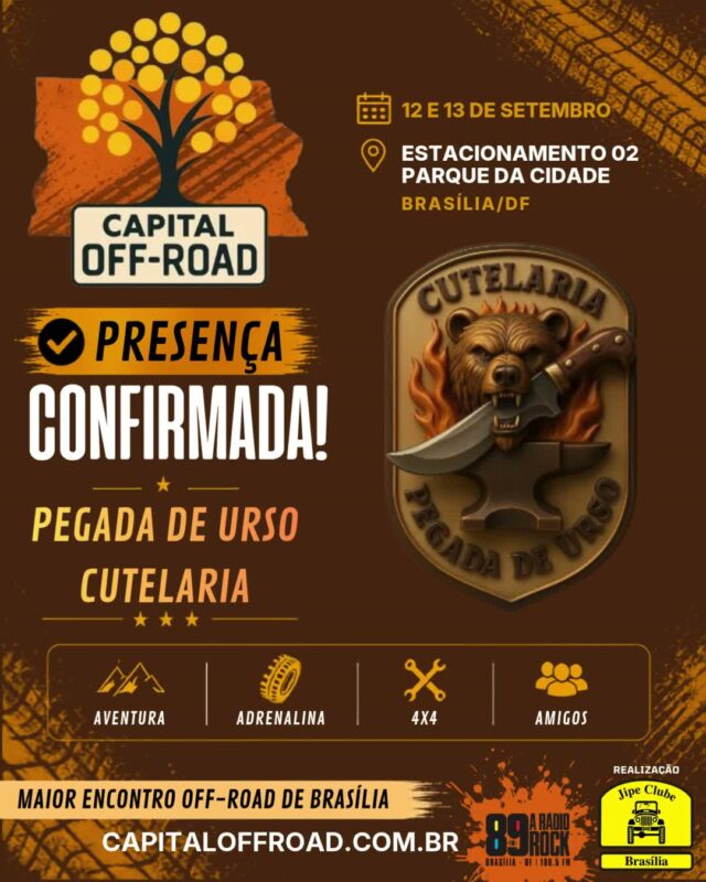 🚀 CAPITAL OFF-ROAD: O MAIOR ENCONTRO 4X4 DA CAPITAL ESTÁ CHEGANDO!

Solta o som e confira o recado oficial! Nos dias 12 e 13 de setembro, o Estacionamento 02 do Parque da Cidade vai virar a casa de todos os apaixonados por off-road, rock e boa resenha.

Confira tudo o que te espera nesse final de semana histórico:

📅 QUANDO:

Sábado (12/09): 09h às 21h

Domingo (13/09): 09h às 17h
📍 ONDE: Estacionamento 02 — Parque da Cidade / BSB

🔥 ATRAÇÕES & PROGRAMAÇÃO:
🚜 Exposição de Jipes: Cadastre sua viatura pelo WhatsApp (61) 99335-6610.
⛺ Espaço Jipe Clubes: Traga sua tenda, churrasqueira e a turma! Espaço 100% gratuito, mas exige reserva antecipada pelo WhatsApp (61) 99335-6610.
⛰️ Trilhas & Rally: 2 opções de trilha (Leve/Moderada e Moderada/Pesada) + passeio planilhado exclusivo com a Turma do Buriti Rally.
📸 Concurso #MeuJipeAmarelo: Já está rolando no nosso perfil, participe!
🎸 Rock 'n' Roll & Chopp Gelado: Muita música boa e a parceria oficial da Máfia Beer.
🤝 Ação Solidária ABRACE: Cada 1kg de alimento não perecível doado vale 1 cupom para concorrer a brindes irados!

🤝 PARCEIROS OFICIAIS:
Rádio Rock 89 Brasília • Comando Auto Peças • Moobi Overlander • RUDE boy 4x4 • Maravilhas Art • Spelltic Hidromeis • Máfia Beer • Pegada de Urso Cutelaria

Chame a família, prepare a viatura e venha fazer história com a gente! 🚜💨

#CapitalOffRoad #JipeClubeDeBrasilia #JCB #OffRoadDF #4x4Brasilia #ParqueDaCidade #BuritiRally #MafiaBeer #RadioRock89 #UniversoOffRoad #FamiliaJCB