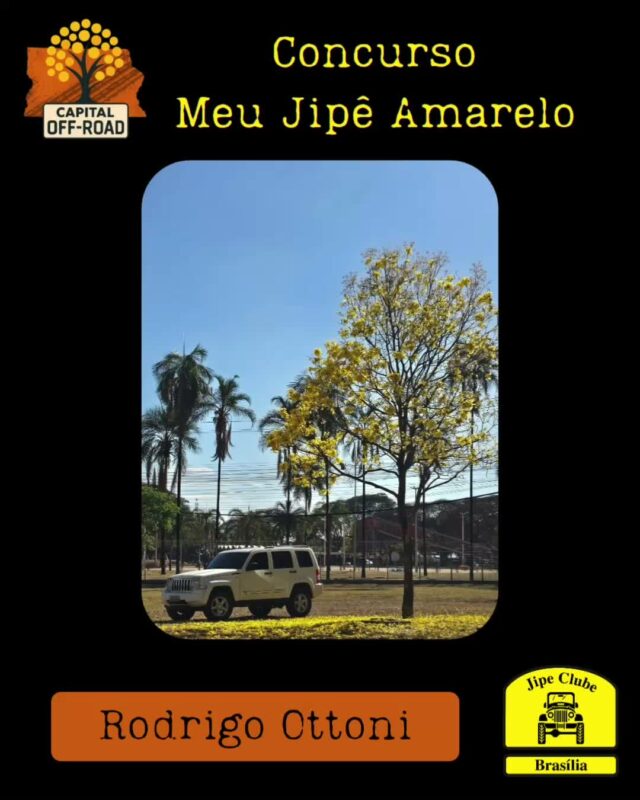 *📸 CONCURSO "MEU JIPÊ AMARELO" - CAPITAL OFF-ROAD 2026*

Atenção, jipeiros! Tá chegando a hora de mostrar o seu 4x4 junto com o símbolo do nosso cerrado!

*Como participar:*
1. Tire uma foto do seu jipe ao lado de um *Ipê Amarelo* florido.
2. Envie a foto pra organização entre *01/08 e 05/09* pelo WhatsApp 61 99335-6610
3. Só vale foto real. *Proibido uso de IA!*

*Premiação:*

Vamos postar todas as fotos no Instagram oficial do Jipe Clube de Brasília. As *5 fotos com mais curtidas* levam prêmios especiais!

*Apuração:* 12/09 às 21h, durante o Capital Off-Road
*Premiação:* No evento, dias 13 de setembro as 14h

Bora registrar essa dupla imbatível: jipe + ipê!
Aquele amarelo que representa nossa paixão pelo off-road e pela natureza.

*Importante:* Só participam fotos enviadas dentro do prazo. Corre que o ipê não espera!

O Concurso é aberto, todos podem participar!

#CapitalOffRoad #MeuJipeAmarelo #JipeClubeBSB #OffRoad #IpêAmarelo #jcb