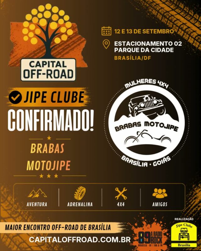 🚀 CAPITAL OFF-ROAD: O MAIOR ENCONTRO 4X4 DA CAPITAL ESTÁ CHEGANDO!

Solta o som e confira o recado oficial! Nos dias 12 e 13 de setembro, o Estacionamento 02 do Parque da Cidade vai virar a casa de todos os apaixonados por off-road, rock e boa resenha.

Confira tudo o que te espera nesse final de semana histórico:

📅 QUANDO:

Sábado (12/09): 09h às 21h

Domingo (13/09): 09h às 17h
📍 ONDE: Estacionamento 02 — Parque da Cidade / BSB

🔥 ATRAÇÕES & PROGRAMAÇÃO:
🚜 Exposição de Jipes: Cadastre sua viatura pelo WhatsApp (61) 99335-6610.
⛺ Espaço Jipe Clubes: Traga sua tenda, churrasqueira e a turma! Espaço 100% gratuito, mas exige reserva antecipada pelo WhatsApp (61) 99335-6610.
⛰️ Trilhas & Rally: 2 opções de trilha (Leve/Moderada e Moderada/Pesada) + passeio planilhado exclusivo com a Turma do Buriti Rally.
📸 Concurso #MeuJipeAmarelo: Já está rolando no nosso perfil, participe!
🎸 Rock 'n' Roll & Chopp Gelado: Muita música boa e a parceria oficial da Máfia Beer.
🤝 Ação Solidária ABRACE: Cada 1kg de alimento não perecível doado vale 1 cupom para concorrer a brindes irados!

🤝 PARCEIROS OFICIAIS:
Rádio Rock 89 Brasília • Comando Auto Peças • Moobi Overlander • RUDE boy 4x4 • Maravilhas Art • Spelltic Hidromeis • Máfia Beer • Pegada de Urso Cutelaria

Chame a família, prepare a viatura e venha fazer história com a gente! 🚜💨

#CapitalOffRoad #JipeClubeDeBrasilia #JCB #OffRoadDF #4x4Brasilia #ParqueDaCidade #BuritiRally #MafiaBeer #RadioRock89 #UniversoOffRoad #FamiliaJCB