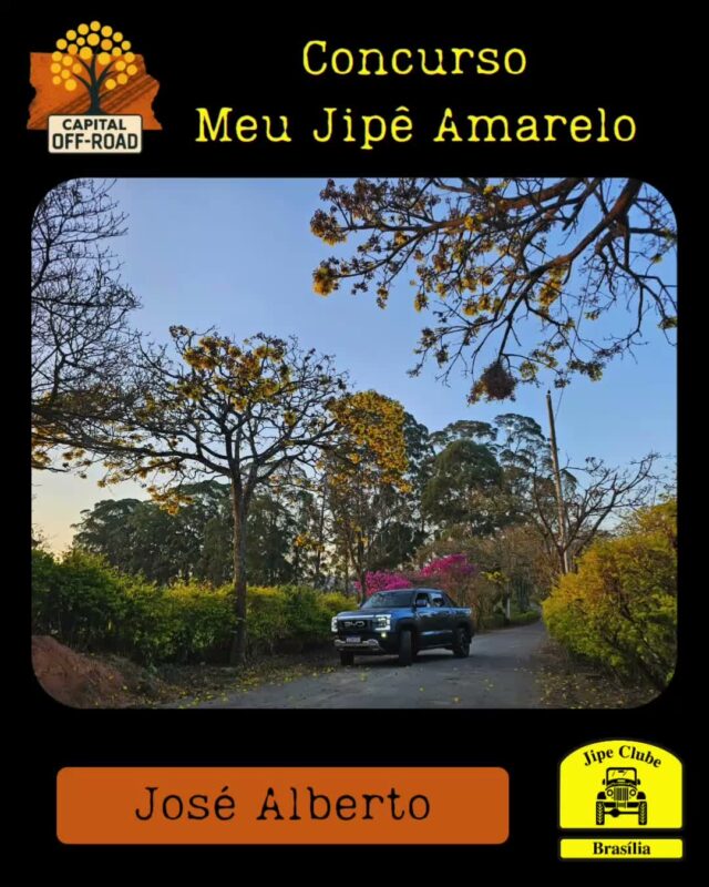 *📸 CONCURSO "MEU JIPÊ AMARELO" - CAPITAL OFF-ROAD 2026* 

Atenção, jipeiros! Tá chegando a hora de mostrar o seu 4x4 junto com o símbolo do nosso cerrado!

*Como participar:*
1. Tire uma foto do seu jipe ao lado de um *Ipê Amarelo* florido.
2. Envie a foto pra organização entre *01/08 e 05/09* pelo WhatsApp 61 99335-6610
3. Só vale foto real. *Proibido uso de IA!*

*Premiação:* 

Vamos postar todas as fotos no Instagram oficial do Jipe Clube de Brasília. As *5 fotos com mais curtidas* levam prêmios especiais!

*Apuração:* 12/09 às 21h, durante o Capital Off-Road 
*Premiação:* No evento, dias 13 de setembro as 14h

Bora registrar essa dupla imbatível: jipe + ipê!
 Aquele amarelo que representa nossa paixão pelo off-road e pela natureza.

*Importante:* Só participam fotos enviadas dentro do prazo. Corre que o ipê não espera!

O Concurso é aberto, todos podem participar!

#CapitalOffRoad #MeuJipeAmarelo #JipeClubeBSB #OffRoad #IpêAmarelo #jcb