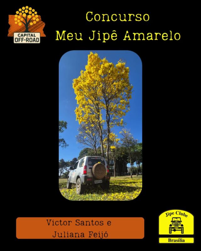 *📸 CONCURSO "MEU JIPÊ AMARELO" - CAPITAL OFF-ROAD 2026* 

Atenção, jipeiros! Tá chegando a hora de mostrar o seu 4x4 junto com o símbolo do nosso cerrado!

*Como participar:*
1. Tire uma foto do seu jipe ao lado de um *Ipê Amarelo* florido.
2. Envie a foto pra organização entre *01/08 e 05/09* pelo WhatsApp 61 99335-6610
3. Só vale foto real. *Proibido uso de IA!*

*Premiação:* 

Vamos postar todas as fotos no Instagram oficial do Jipe Clube de Brasília. As *5 fotos com mais curtidas* levam prêmios especiais!

*Apuração:* 12/09 às 21h, durante o Capital Off-Road 
*Premiação:* No evento, dias 13 de setembro as 14h

Bora registrar essa dupla imbatível: jipe + ipê!
 Aquele amarelo que representa nossa paixão pelo off-road e pela natureza.

*Importante:* Só participam fotos enviadas dentro do prazo. Corre que o ipê não espera!

O Concurso é aberto, todos podem participar!

#CapitalOffRoad #MeuJipeAmarelo #JipeClubeBSB #OffRoad #IpêAmarelo #jcb