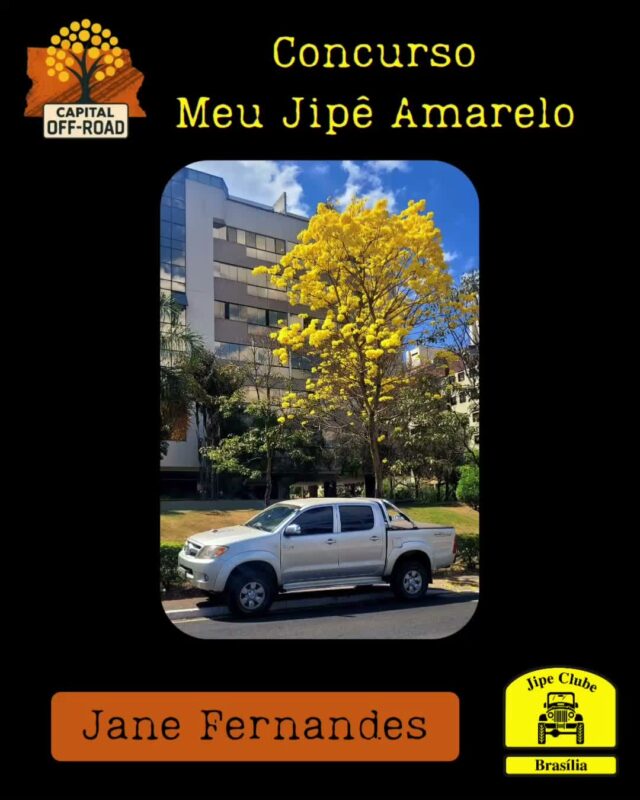 *📸 CONCURSO "MEU JIPÊ AMARELO" - CAPITAL OFF-ROAD 2026* 

Atenção, jipeiros! Tá chegando a hora de mostrar o seu 4x4 junto com o símbolo do nosso cerrado!

*Como participar:*
1. Tire uma foto do seu jipe ao lado de um *Ipê Amarelo* florido.
2. Envie a foto pra organização entre *01/08 e 05/09* pelo WhatsApp 61 99335-6610
3. Só vale foto real. *Proibido uso de IA!*

*Premiação:* 

Vamos postar todas as fotos no Instagram oficial do Jipe Clube de Brasília. As *5 fotos com mais curtidas* levam prêmios especiais!

*Apuração:* 12/09 às 21h, durante o Capital Off-Road 
*Premiação:* No evento, dias 13 de setembro as 14h

Bora registrar essa dupla imbatível: jipe + ipê!
 Aquele amarelo que representa nossa paixão pelo off-road e pela natureza.

*Importante:* Só participam fotos enviadas dentro do prazo. Corre que o ipê não espera!

O Concurso é aberto, todos podem participar!

#CapitalOffRoad #MeuJipeAmarelo #JipeClubeBSB #OffRoad #IpêAmarelo #jcb