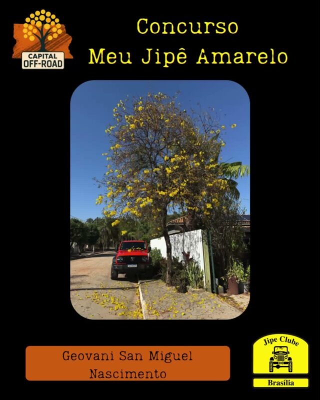 *📸 CONCURSO "MEU JIPÊ AMARELO" - CAPITAL OFF-ROAD 2026* 

Atenção, jipeiros! Tá chegando a hora de mostrar o seu 4x4 junto com o símbolo do nosso cerrado!

*Como participar:*
1. Tire uma foto do seu jipe ao lado de um *Ipê Amarelo* florido.
2. Envie a foto pra organização entre *01/08 e 05/09* pelo WhatsApp 61 99335-6610
3. Só vale foto real. *Proibido uso de IA!*

*Premiação:* 

Vamos postar todas as fotos no Instagram oficial do Jipe Clube de Brasília. As *5 fotos com mais curtidas* levam prêmios especiais!

*Apuração:* 12/09 às 21h, durante o Capital Off-Road 
*Premiação:* No evento, dias 13 de setembro as 14h

Bora registrar essa dupla imbatível: jipe + ipê!
 Aquele amarelo que representa nossa paixão pelo off-road e pela natureza.

*Importante:* Só participam fotos enviadas dentro do prazo. Corre que o ipê não espera!

O Concurso é aberto, todos podem participar!

#CapitalOffRoad #MeuJipeAmarelo #JipeClubeBSB #OffRoad #IpêAmarelo #jcb