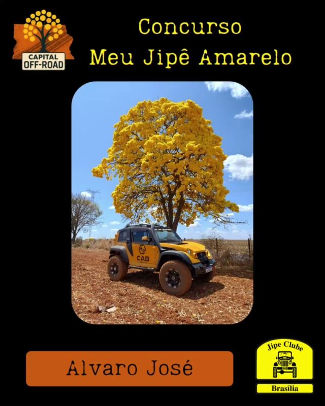 *📸 CONCURSO "MEU JIPÊ AMARELO" - CAPITAL OFF-ROAD 2026* 

Atenção, jipeiros! Tá chegando a hora de mostrar o seu 4x4 junto com o símbolo do nosso cerrado!

*Como participar:*
1. Tire uma foto do seu jipe ao lado de um *Ipê Amarelo* florido.
2. Envie a foto pra organização entre *01/08 e 05/09* pelo WhatsApp 61 99335-6610
3. Só vale foto real. *Proibido uso de IA!*

*Premiação:* 

Vamos postar todas as fotos no Instagram oficial do Jipe Clube de Brasília. As *5 fotos com mais curtidas* levam prêmios especiais!

*Apuração:* 12/09 às 21h, durante o Capital Off-Road 
*Premiação:* No evento, dias 13 de setembro as 14h

Bora registrar essa dupla imbatível: jipe + ipê!
 Aquele amarelo que representa nossa paixão pelo off-road e pela natureza.

*Importante:* Só participam fotos enviadas dentro do prazo. Corre que o ipê não espera!

O Concurso é aberto, todos podem participar!

#CapitalOffRoad #MeuJipeAmarelo #JipeClubeBSB #OffRoad #IpêAmarelo #jcb