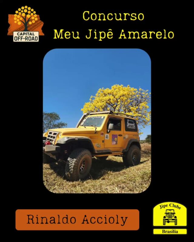 *📸 CONCURSO "MEU JIPÊ AMARELO" - CAPITAL OFF-ROAD 2026* 

Atenção, jipeiros! Tá chegando a hora de mostrar o seu 4x4 junto com o símbolo do nosso cerrado!

*Como participar:*
1. Tire uma foto do seu jipe ao lado de um *Ipê Amarelo* florido.
2. Envie a foto pra organização entre *01/08 e 05/09* pelo WhatsApp 61 99335-6610
3. Só vale foto real. *Proibido uso de IA!*

*Premiação:* 

Vamos postar todas as fotos no Instagram oficial do Jipe Clube de Brasília. As *5 fotos com mais curtidas* levam prêmios especiais!

*Apuração:* 12/09 às 21h, durante o Capital Off-Road 
*Premiação:* No evento, dias 13 de setembro as 14h

Bora registrar essa dupla imbatível: jipe + ipê!
 Aquele amarelo que representa nossa paixão pelo off-road e pela natureza.

*Importante:* Só participam fotos enviadas dentro do prazo. Corre que o ipê não espera!

O Concurso é aberto, todos podem participar!

#CapitalOffRoad #MeuJipeAmarelo #JipeClubeBSB #OffRoad #IpêAmarelo #jcb