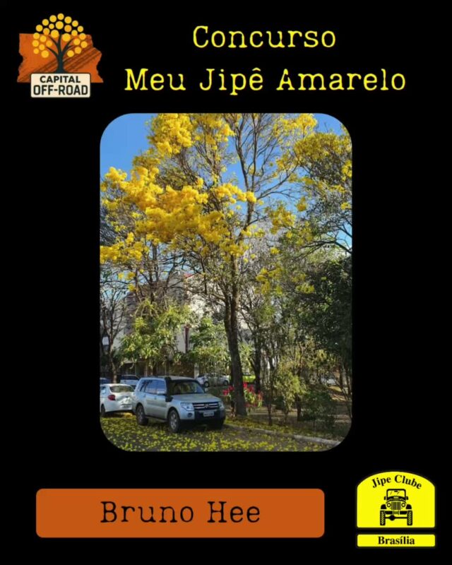 *📸 CONCURSO "MEU JIPÊ AMARELO" - CAPITAL OFF-ROAD 2026* 

Atenção, jipeiros! Tá chegando a hora de mostrar o seu 4x4 junto com o símbolo do nosso cerrado!

*Como participar:*
1. Tire uma foto do seu jipe ao lado de um *Ipê Amarelo* florido.
2. Envie a foto pra organização entre *01/08 e 05/09* pelo WhatsApp 61 99335-6610
3. Só vale foto real. *Proibido uso de IA!*

*Premiação:* 

Vamos postar todas as fotos no Instagram oficial do Jipe Clube de Brasília. As *5 fotos com mais curtidas* levam prêmios especiais!

*Apuração:* 12/09 às 21h, durante o Capital Off-Road 
*Premiação:* No evento, dias 13 de setembro as 14h

Bora registrar essa dupla imbatível: jipe + ipê!
 Aquele amarelo que representa nossa paixão pelo off-road e pela natureza.

*Importante:* Só participam fotos enviadas dentro do prazo. Corre que o ipê não espera!

O Concurso é aberto, todos podem participar!

#CapitalOffRoad #MeuJipeAmarelo #JipeClubeBSB #OffRoad #IpêAmarelo #jcb