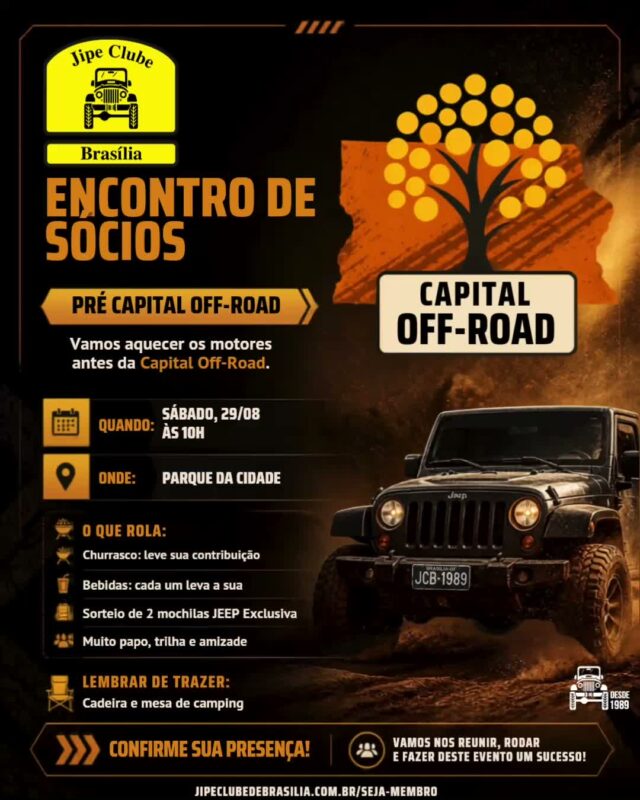 ENCONTRO DE SÓCIOS PRÉ CAPITAL OFF-ROAD!

O nosso próximo Encontro de Sócios já tem data e local marcados! Vamos reunir a família jipeira no Parque da Cidade para colocar o papo em dia, alinhar as viaturas e preparar a ansiedade para o Capital Off-Road.

Se liga na estrutura do nosso encontro:
📅  Sábado, 29 de Agosto
⏰ Horário: Às 10h
📍 Local: Parque da Cidade

🔥 COMO VAI FUNCIONAR:

🥩 Churrasco: Leve a sua contribuição
🥤 Bebidas: Cada um leva a sua preferida.
🎁 Sorteio Exclusivo: Vamos sortear 2 Mochilas JEEP oficiais entre os presentes!
🪑 LEMBRETE IMPORTANTE: Não se esqueça de trazer sua cadeira e mesa de camping para curtir o dia com conforto.

Nos vemos lá!

#JipeClubeDeBrasilia #JCB #PreCapitalOffRoad #CapitalOffRoad #EncontroDeSocios #ParqueDaCidade #FamiliaJCB #OffRoadDF #4x4Brasilia #JeepBrasil