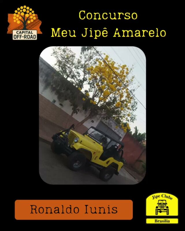 *📸 CONCURSO "MEU JIPÊ AMARELO" - CAPITAL OFF-ROAD 2026* 

Atenção, jipeiros! Tá chegando a hora de mostrar o seu 4x4 junto com o símbolo do nosso cerrado!

*Como participar:*
1. Tire uma foto do seu jipe ao lado de um *Ipê Amarelo* florido.
2. Envie a foto pra organização entre *01/08 e 05/09* pelo WhatsApp 61 99335-6610
3. Só vale foto real. *Proibido uso de IA!*

*Premiação:* 

Vamos postar todas as fotos no Instagram oficial do Jipe Clube de Brasília. As *5 fotos com mais curtidas* levam prêmios especiais!

*Apuração:* 12/09 às 21h, durante o Capital Off-Road 
*Premiação:* No evento, dias 13 de setembro as 14h

Bora registrar essa dupla imbatível: jipe + ipê!
 Aquele amarelo que representa nossa paixão pelo off-road e pela natureza.

*Importante:* Só participam fotos enviadas dentro do prazo. Corre que o ipê não espera!

O Concurso é aberto, todos podem participar!

#CapitalOffRoad #MeuJipeAmarelo #JipeClubeBSB #OffRoad #IpêAmarelo #jcb