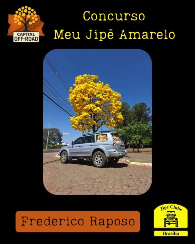 *📸 CONCURSO "MEU JIPÊ AMARELO" - CAPITAL OFF-ROAD 2026*

Atenção, jipeiros! Tá chegando a hora de mostrar o seu 4x4 junto com o símbolo do nosso cerrado!

*Como participar:*
1. Tire uma foto do seu jipe ao lado de um *Ipê Amarelo* florido.
2. Envie a foto pra organização entre *01/08 e 05/09* pelo WhatsApp 61 99335-6610
3. Só vale foto real. *Proibido uso de IA!*

*Premiação:*

Vamos postar todas as fotos no Instagram oficial do Jipe Clube de Brasília. As *5 fotos com mais curtidas* levam prêmios especiais!

*Apuração:* 12/09 às 21h, durante o Capital Off-Road
*Premiação:* No evento, dias 13 de setembro as 14h

Bora registrar essa dupla imbatível: jipe + ipê!
Aquele amarelo que representa nossa paixão pelo off-road e pela natureza.

*Importante:* Só participam fotos enviadas dentro do prazo. Corre que o ipê não espera!

O Concurso é aberto, todos podem participar!

#CapitalOffRoad #MeuJipeAmarelo #JipeClubeBSB #OffRoad #IpêAmarelo #jcb