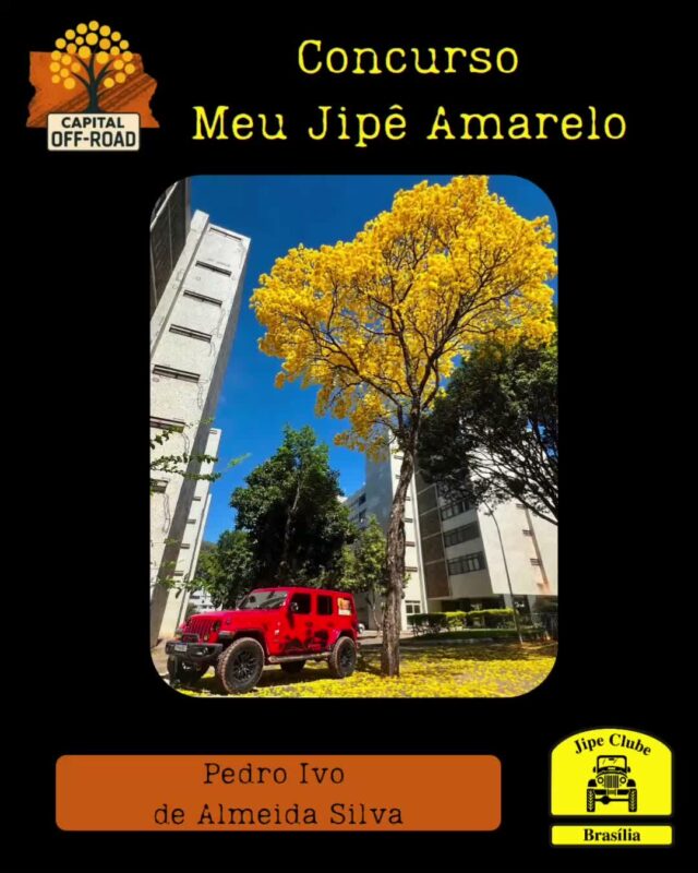 *📸 CONCURSO "MEU JIPÊ AMARELO" - CAPITAL OFF-ROAD 2026* 

Atenção, jipeiros! Tá chegando a hora de mostrar o seu 4x4 junto com o símbolo do nosso cerrado!

*Como participar:*
1. Tire uma foto do seu jipe ao lado de um *Ipê Amarelo* florido.
2. Envie a foto pra organização entre *01/08 e 05/09* pelo WhatsApp 61 99335-6610
3. Só vale foto real. *Proibido uso de IA!*

*Premiação:* 

Vamos postar todas as fotos no Instagram oficial do Jipe Clube de Brasília. As *5 fotos com mais curtidas* levam prêmios especiais!

*Apuração:* 12/09 às 21h, durante o Capital Off-Road 
*Premiação:* No evento, dias 13 de setembro as 14h

Bora registrar essa dupla imbatível: jipe + ipê!
 Aquele amarelo que representa nossa paixão pelo off-road e pela natureza.

*Importante:* Só participam fotos enviadas dentro do prazo. Corre que o ipê não espera!

O Concurso é aberto, todos podem participar!

#CapitalOffRoad #MeuJipeAmarelo #JipeClubeBSB #OffRoad #IpêAmarelo #jcb