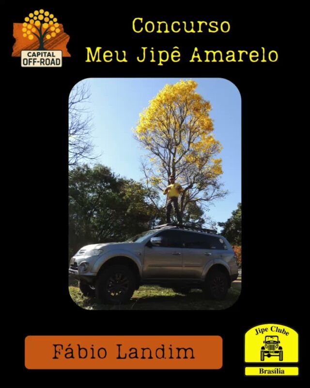 *📸 CONCURSO "MEU JIPÊ AMARELO" - CAPITAL OFF-ROAD 2026* 

Atenção, jipeiros! Tá chegando a hora de mostrar o seu 4x4 junto com o símbolo do nosso cerrado!

*Como participar:*
1. Tire uma foto do seu jipe ao lado de um *Ipê Amarelo* florido.
2. Envie a foto pra organização entre *01/08 e 05/09* pelo WhatsApp 61 99335-6610
3. Só vale foto real. *Proibido uso de IA!*

*Premiação:* 

Vamos postar todas as fotos no Instagram oficial do Jipe Clube de Brasília. As *5 fotos com mais curtidas* levam prêmios especiais!

*Apuração:* 12/09 às 21h, durante o Capital Off-Road 
*Premiação:* No evento, dias 13 de setembro as 14h

Bora registrar essa dupla imbatível: jipe + ipê!
 Aquele amarelo que representa nossa paixão pelo off-road e pela natureza.

*Importante:* Só participam fotos enviadas dentro do prazo. Corre que o ipê não espera!

O Concurso é aberto, todos podem participar!

#CapitalOffRoad #MeuJipeAmarelo #JipeClubeBSB #OffRoad #IpêAmarelo #jcb