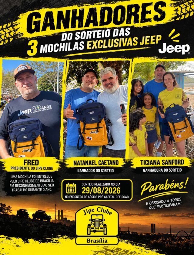 🎒💛 **TEM GANHADORES DE MOCHILAS JEEP EXCLUSIVAS!** 💛🚙

O Jipe Clube de Brasília tem o prazer de anunciar os ganhadores das 3 mochilas exclusivas Jeep, entregues em um momento especial no dia 29/08/2026, durante o nosso Encontro de Sócios Pré Capital Off-Road!

🏆 Confira os contemplados:

🎉 Natanael Caetano — ganhador da primeira mochila sorteada!
🎉 Ticiana Sanford — ganhadora da segunda mochila sorteada!
👏 Fred, presidente do Jipe Clube de Brasília — recebeu a terceira mochila como uma homenagem especial do clube, em reconhecimento ao seu trabalho, dedicação e empenho ao longo de todo o ano.

💛🖤 Nosso agradecimento especial à Jeep pela parceria e pelo presente das mochilas ao Jipe Clube de Brasília (JCB)! Essa iniciativa fortalece ainda mais os laços com a marca e torna nossos encontros ainda mais especiais. Obrigado pela confiança, pelo apoio e por fazer parte da nossa história!

Parabéns aos ganhadores e nosso muito obrigado a todos que participaram desse encontro. Momentos assim reforçam aquilo que nos une: a amizade, a parceria e a paixão pelo universo 4x4!

🤝 Jipe Clube de Brasília — juntos pela paixão off-road!

#JipeClubeDeBrasília #Jeep #JeepBrasil #JCB #CapitalOffRoad #OffRoad #FamíliaJipeira #Brasília4x4