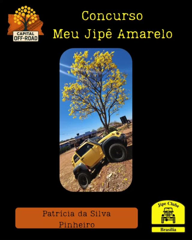 *📸 CONCURSO "MEU JIPÊ AMARELO" - CAPITAL OFF-ROAD 2026* 

Atenção, jipeiros! Tá chegando a hora de mostrar o seu 4x4 junto com o símbolo do nosso cerrado!

*Como participar:*
1. Tire uma foto do seu jipe ao lado de um *Ipê Amarelo* florido.
2. Envie a foto pra organização entre *01/08 e 05/09* pelo WhatsApp 61 99335-6610
3. Só vale foto real. *Proibido uso de IA!*

*Premiação:* 

Vamos postar todas as fotos no Instagram oficial do Jipe Clube de Brasília. As *5 fotos com mais curtidas* levam prêmios especiais!

*Apuração:* 12/09 às 21h, durante o Capital Off-Road 
*Premiação:* No evento, dias 13 de setembro as 14h

Bora registrar essa dupla imbatível: jipe + ipê!
 Aquele amarelo que representa nossa paixão pelo off-road e pela natureza.

*Importante:* Só participam fotos enviadas dentro do prazo. Corre que o ipê não espera!

O Concurso é aberto, todos podem participar!

#CapitalOffRoad #MeuJipeAmarelo #JipeClubeBSB #OffRoad #IpêAmarelo #jcb