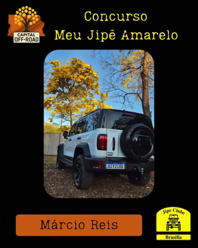 *📸 CONCURSO "MEU JIPÊ AMARELO" - CAPITAL OFF-ROAD 2026*

Atenção, jipeiros! Tá chegando a hora de mostrar o seu 4x4 junto com o símbolo do nosso cerrado!

*Como participar:*
1. Tire uma foto do seu jipe ao lado de um *Ipê Amarelo* florido.
2. Envie a foto pra organização entre *01/08 e 05/09* pelo WhatsApp 61 99335-6610
3. Só vale foto real. *Proibido uso de IA!*

*Premiação:*

Vamos postar todas as fotos no Instagram oficial do Jipe Clube de Brasília. As *5 fotos com mais curtidas* levam prêmios especiais!

*Apuração:* 12/09 às 21h, durante o Capital Off-Road
*Premiação:* No evento, dias 13 de setembro as 14h

Bora registrar essa dupla imbatível: jipe + ipê!
Aquele amarelo que representa nossa paixão pelo off-road e pela natureza.

*Importante:* Só participam fotos enviadas dentro do prazo. Corre que o ipê não espera!

O Concurso é aberto, todos podem participar!

#CapitalOffRoad #MeuJipeAmarelo #JipeClubeBSB #OffRoad #IpêAmarelo #jcb