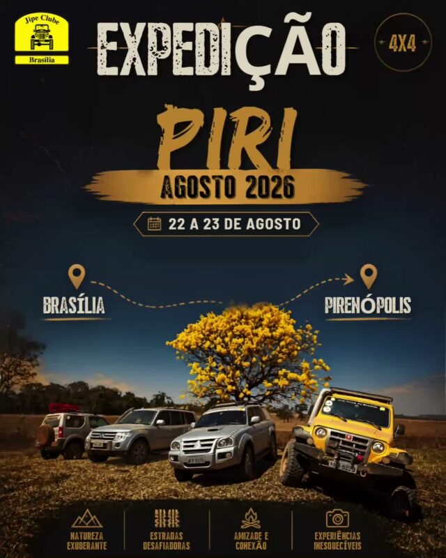 ⛰️💦 PNEU NA ESTRADA: EXPEDIÇÃO PIRENÓPOLIS CHEGOU!

Nos dias 22 e 23 de agosto, o Jipe Clube de Brasília pega a rota rumo a Pirenópolis para mais uma expedição inesquecível! É hora de alinhar as viaturas, colocar o comboio na estrada e curtir o melhor da vida off-road com a família jipeira.

Preparamos um final de semana completo de integração, natureza e parceria:

🚗 Trajeto BSB ➔ Piri: Comboio organizado e segurança na pista.
💦 Banho de Cachoeira: Paradas estratégicas na natureza bruta do Cerrado.
🍛 Almoço & Passeio Histórico: Boa gastronomia e resenha pelas ruas de Piri.
🤝 União & Família: O verdadeiro espírito do nosso clube do início ao fim.

Prepare a viatura!

📲 Inscrições e Detalhes:
Evento fechado aos Sócios JCB

Nos vemos na estrada! 🚜💨🌲

#JipeClubeDeBrasilia #JCB #ExpedicaoPiri #Pirenopolis4x4 #OffRoadDF #CerradoBruto #FamiliaJCB #TrilhasDoDF #4x4Brasilia #ResenhaJipeira