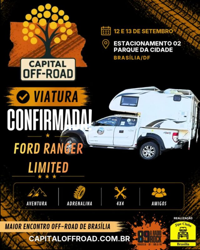 🚀 CAPITAL OFF-ROAD: O MAIOR ENCONTRO 4X4 DA CAPITAL ESTÁ CHEGANDO!

Solta o som e confira o recado oficial! Nos dias 12 e 13 de setembro, o Estacionamento 02 do Parque da Cidade vai virar a casa de todos os apaixonados por off-road, rock e boa resenha.

Confira tudo o que te espera nesse final de semana histórico:

📅 QUANDO:

Sábado (12/09): 09h às 21h

Domingo (13/09): 09h às 17h
📍 ONDE: Estacionamento 02 — Parque da Cidade / BSB

🔥 ATRAÇÕES & PROGRAMAÇÃO:
🚜 Exposição de Jipes: Cadastre sua viatura pelo WhatsApp (61) 99335-6610.
⛺ Espaço Jipe Clubes: Traga sua tenda, churrasqueira e a turma! Espaço 100% gratuito, mas exige reserva antecipada pelo WhatsApp (61) 99335-6610.
⛰️ Trilhas & Rally: 2 opções de trilha (Leve/Moderada e Moderada/Pesada) + passeio planilhado exclusivo com a Turma do Buriti Rally.
📸 Concurso #MeuJipeAmarelo: Já está rolando no nosso perfil, participe!
🎸 Rock 'n' Roll & Chopp Gelado: Muita música boa e a parceria oficial da Máfia Beer.
🤝 Ação Solidária ABRACE: Cada 1kg de alimento não perecível doado vale 1 cupom para concorrer a brindes irados!

🤝 PARCEIROS OFICIAIS:
Rádio Rock 89 Brasília • Comando Auto Peças • Moobi Overlander • RUDE boy 4x4 • Maravilhas Art • Spelltic Hidromeis • Máfia Beer • Pegada de Urso Cutelaria

Chame a família, prepare a viatura e venha fazer história com a gente! 🚜💨

#CapitalOffRoad #JipeClubeDeBrasilia #JCB #OffRoadDF #4x4Brasilia #ParqueDaCidade #BuritiRally #MafiaBeer #RadioRock89 #UniversoOffRoad #FamiliaJCB