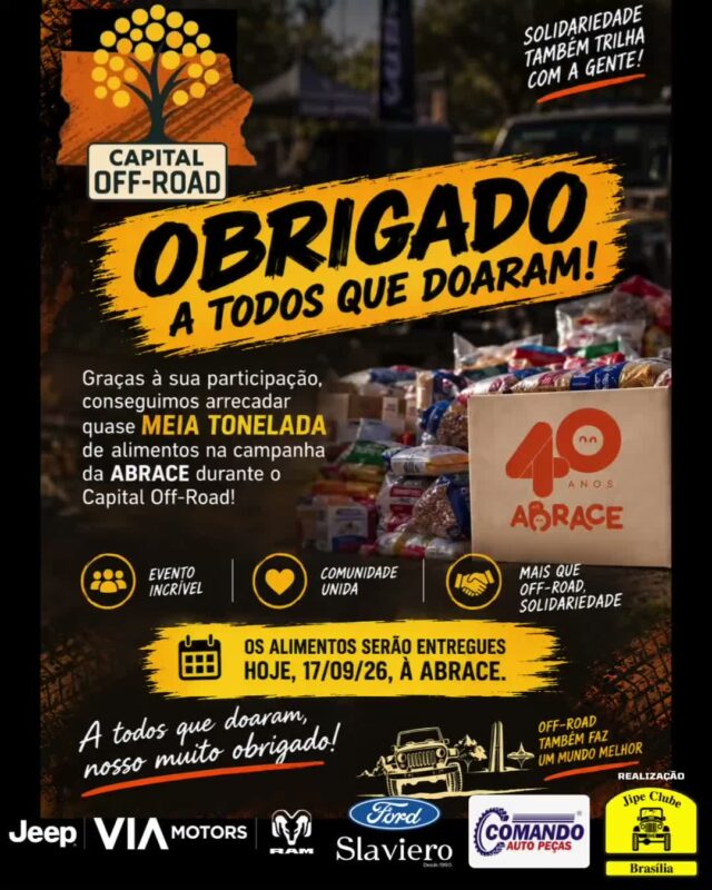 💛 SOLIDARIEDADE TAMBÉM TRILHA COM A GENTE!

O Capital Off-Road foi um show nas pistas e deu uma verdadeira aula de união fora delas! Graças ao apoio, à generosidade e ao coração de cada jipeiro e visitante, conseguimos arrecadar quase MEIA TONELADA de alimentos não perecíveis para a campanha da ABRACE.

Mostramos que a força da nossa comunidade 4x4 vai muito além do barro e da poeira: ela transforma vidas!

📦 ENTREGA DAS DOAÇÕES:

🗓️  Hoje, 17/09/2026

🎯 Destino: ABRACE (Associação Brasileira de Assistência às Famílias de Crianças Portadoras de Câncer e Hemopatias)

A todos que levaram sua doação, ao público presente e aos nossos parceiros que fizeram essa estrutura acontecer, o nosso muito obrigado! Vocês provaram que off-road também faz um mundo melhor. 🚜💨🤝

💎 PATROCINADORES MASTER
VIA MOTORS (Jeep - RAM) • FORD SLAVIERO • COMANDO AUTO PEÇAS

🤝 PARCEIROS OFICIAIS:
Moobi Overlander • Maravilhas Art • Spelltic Hidromeis • Máfia Beer • Pegada de Urso Cutelaria • Abrace • Pneus - Multi Rodas • Max Ferramentas Automotivas • Locmaq do Brasil • Burity Rally • On Track Rastreadores • Rota do Morcego Enduro Park • F. Ramos Cutelaria Artesanal • Cutelaria Hoffmann • On The Road Serviços Mecânicos • Sakai Cutelaria •

#JipeClubeDeBrasilia #JCB #CapitalOffRoad #Abrace #Solidariedade4x4 #CorrenteDoBem #OffRoadDF #ComunidadeJipeira #FamiliaJCB #4x4Brasilia